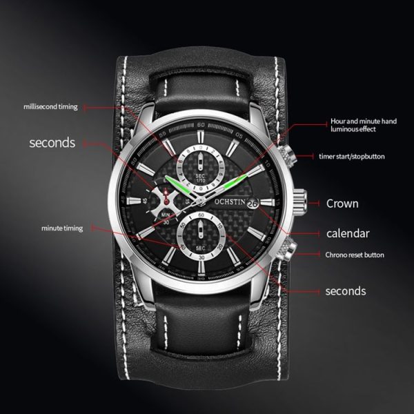 Ochstin 7231 Multifunctional Business Leather Wrist Wrist Waterproof Quartz Watch (Black+Black) - Image 5