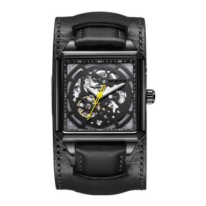 Ochstin 7237 Business Leather Wrist Wrist Waterproof Luminous Skeleton Mechanical Watch (Black+Black)