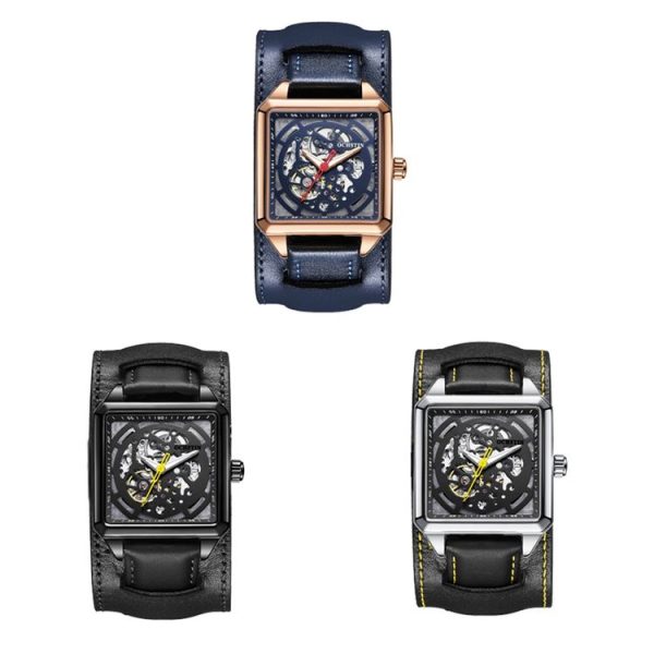 Ochstin 7237 Business Leather Wrist Wrist Waterproof Luminous Skeleton Mechanical Watch (Black+Black) - Image 2