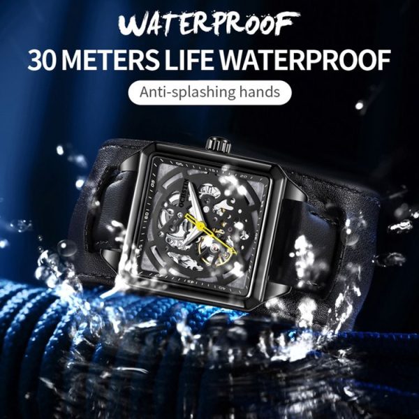 Ochstin 7237 Business Leather Wrist Wrist Waterproof Luminous Skeleton Mechanical Watch (Black+Black) - Image 5