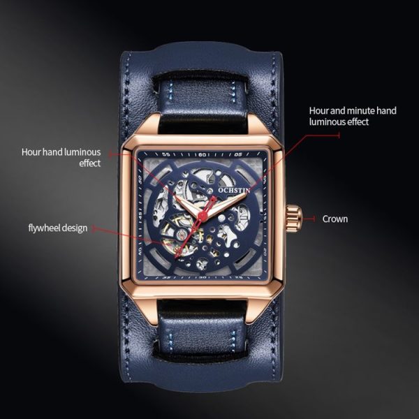 Ochstin 7237 Business Leather Wrist Wrist Waterproof Luminous Skeleton Mechanical Watch (Black+Black) - Image 6