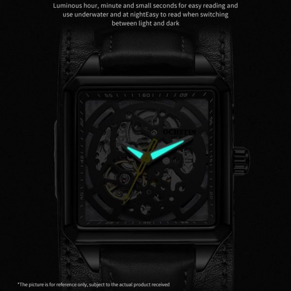 Ochstin 7237 Business Leather Wrist Wrist Waterproof Luminous Skeleton Mechanical Watch (Black+Black) - Image 7