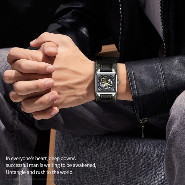 Ochstin 7237 Business Leather Wrist Wrist Waterproof Luminous Skeleton Mechanical Watch (Black+Black) - Image 8