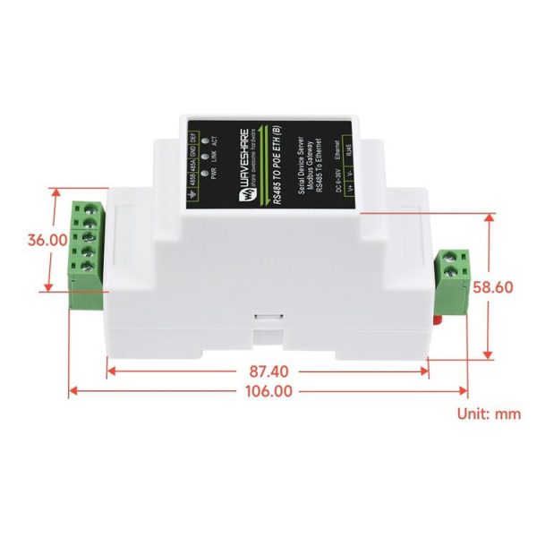 Waveshare Din Rail RS485 to RJ45 Serial Server with POE Function - Image 2