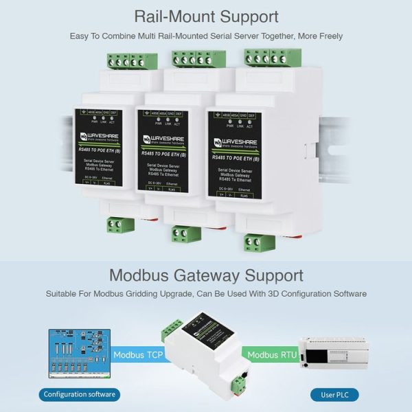 Waveshare Din Rail RS485 to RJ45 Serial Server with POE Function - Image 8