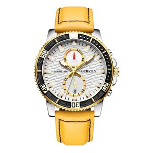 Ochstin 6045A Multifunctional Quartz Luminous Genuine Leather Men Watch (Gold+Yellow)