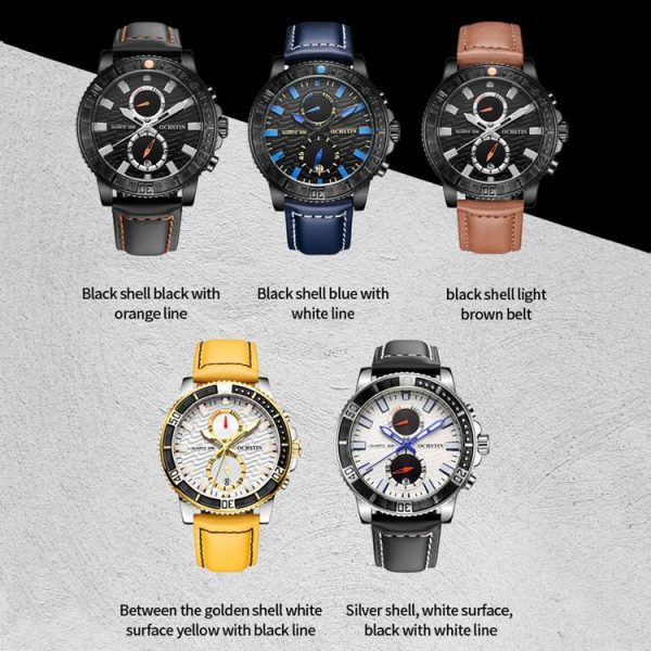 Ochstin 6045A Multifunctional Quartz Luminous Genuine Leather Men Watch (Gold+Yellow) - Image 2
