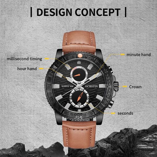 Ochstin 6045A Multifunctional Quartz Luminous Genuine Leather Men Watch (Gold+Yellow) - Image 3