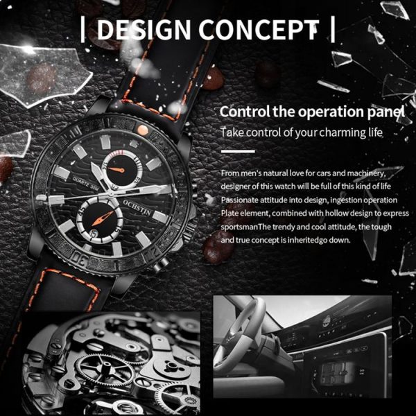 Ochstin 6045A Multifunctional Quartz Luminous Genuine Leather Men Watch (Gold+Yellow) - Image 4