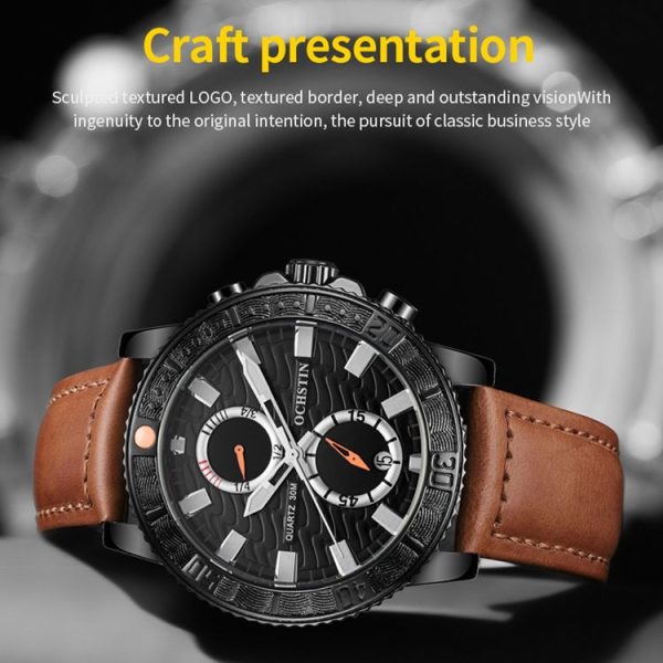 Ochstin 6045A Multifunctional Quartz Luminous Genuine Leather Men Watch (Gold+Yellow) - Image 6
