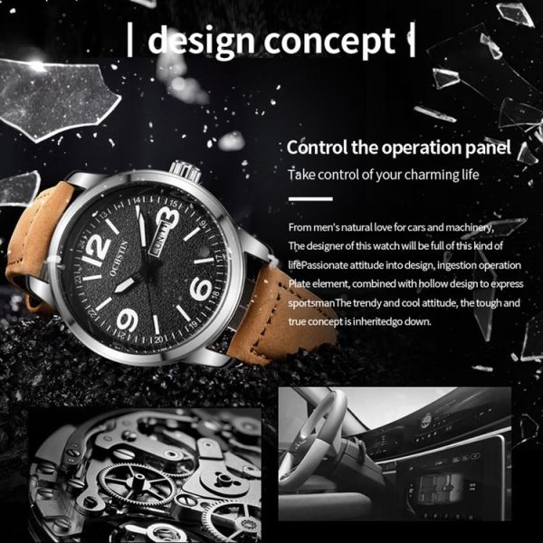 Ochstin 6047B Business Style Quartz Men Leather Watch (Silver+Khaki) - Image 4