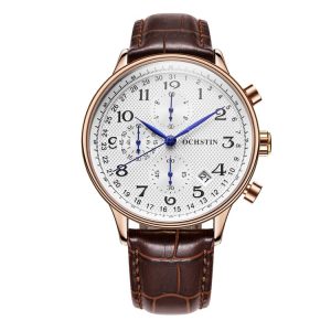 Ochstin 6050C Multifunctional Quartz Men Leather Watch (Rose Gold+Coffee)