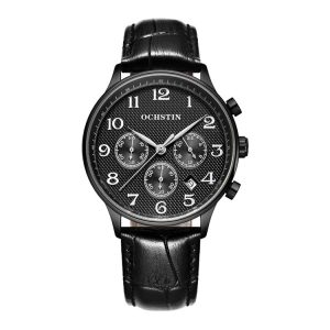 Ochstin 6050E Multifunctional Quartz Men Leather Watch (Black+Black)