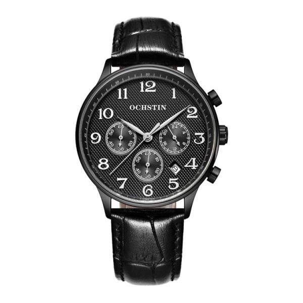 Ochstin 6050E Multifunctional Quartz Men Leather Watch (Black+Black)