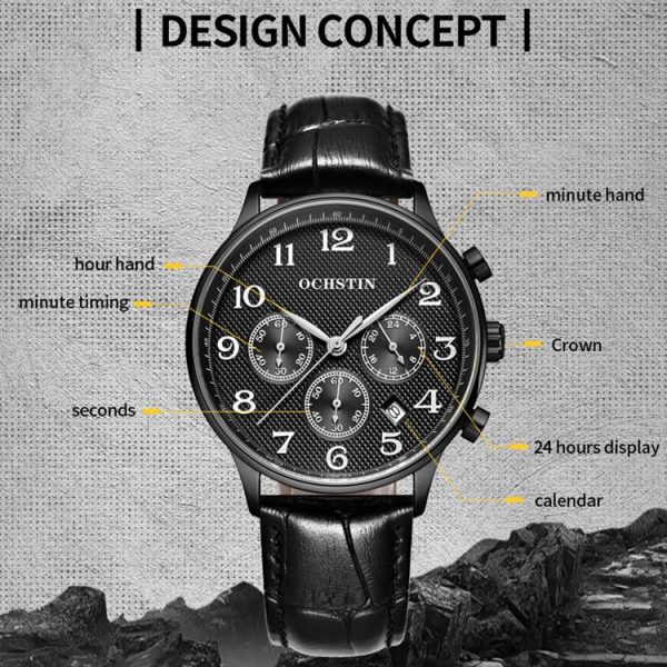 Ochstin 6050E Multifunctional Quartz Men Leather Watch (Black+Black) - Image 3