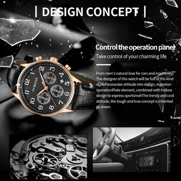 Ochstin 6050E Multifunctional Quartz Men Leather Watch (Black+Black) - Image 4