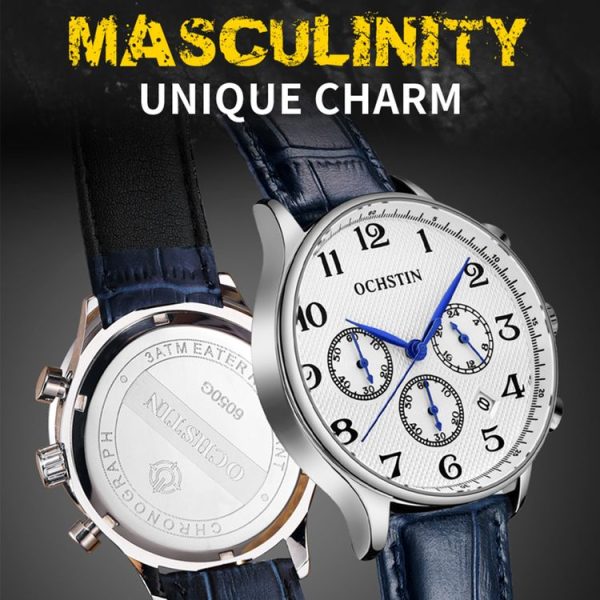 Ochstin 6050E Multifunctional Quartz Men Leather Watch (Black+Black) - Image 5