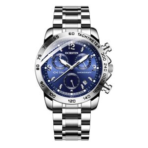 OCHSTIN 6123B Multifunctional Quartz Waterproof Luminous Steel Strap Men Watch (Silver Blue)