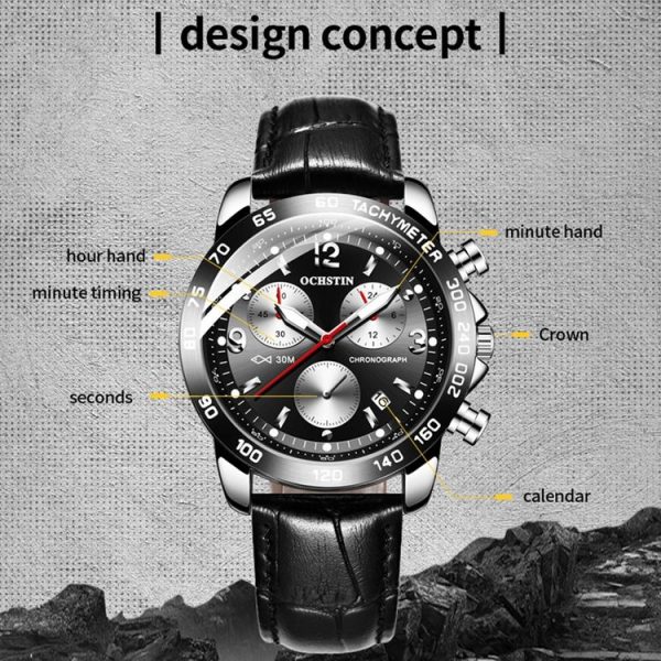 OCHSTIN 6123C Multifunctional Quartz Waterproof Luminous Men Leather Watch (Black 01) - Image 4