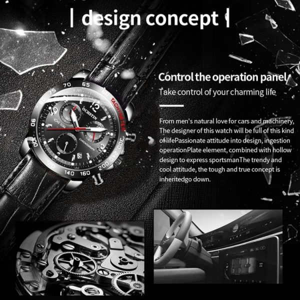 OCHSTIN 6123C Multifunctional Quartz Waterproof Luminous Men Leather Watch (Black 01) - Image 5