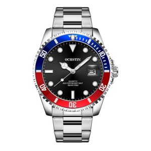 OCHSTIN 7019E Multifunctional Quartz Waterproof Luminous Steel Strap Men Watch (Blue Red+Silver)