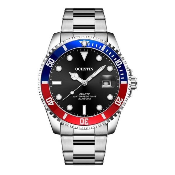 OCHSTIN 7019E Multifunctional Quartz Waterproof Luminous Steel Strap Men Watch (Blue Red+Silver)