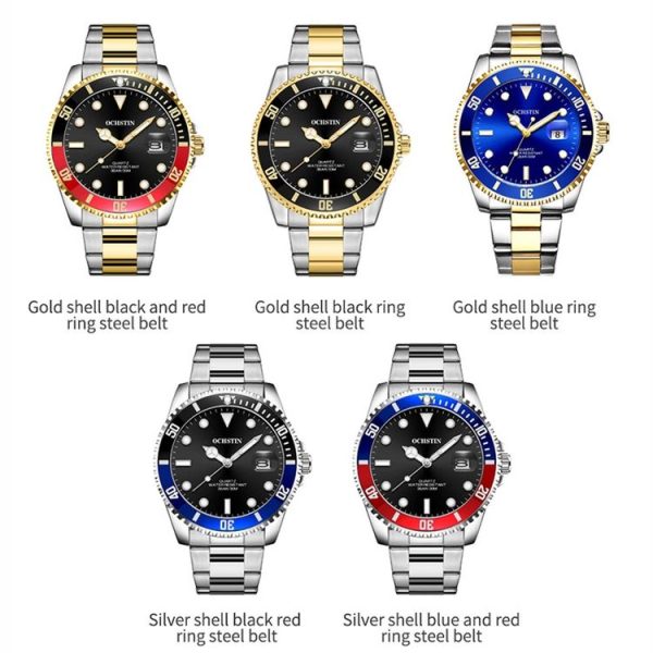 OCHSTIN 7019E Multifunctional Quartz Waterproof Luminous Steel Strap Men Watch (Blue Red+Silver) - Image 2