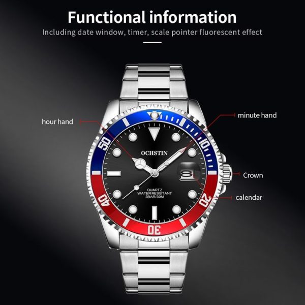 OCHSTIN 7019E Multifunctional Quartz Waterproof Luminous Steel Strap Men Watch (Blue Red+Silver) - Image 3