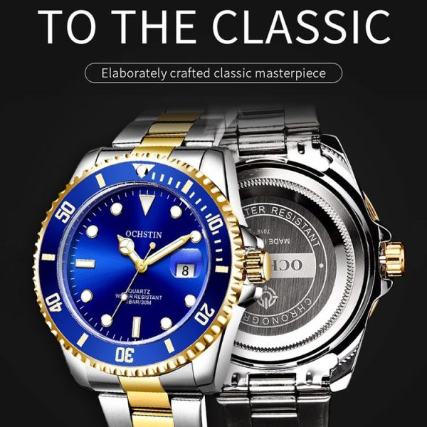 OCHSTIN 7019E Multifunctional Quartz Waterproof Luminous Steel Strap Men Watch (Blue Red+Silver) - Image 4