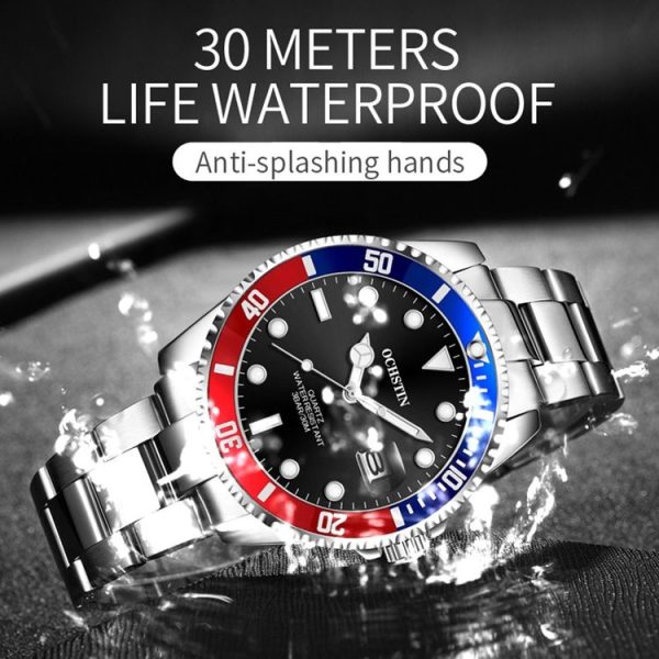 OCHSTIN 7019E Multifunctional Quartz Waterproof Luminous Steel Strap Men Watch (Blue Red+Silver) - Image 6