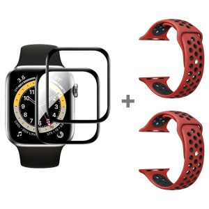 Apple Watch Series 3&2&1 42mm 2pcs Silicone Watch Band with 2pcs Soft Film (Red Black)