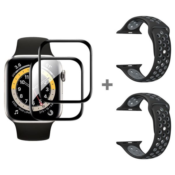 Apple Watch Series SE 2&6&SE&5&4 44mm 2pcs Silicone Watch Band with 2pcs Soft Film (Black Grey)