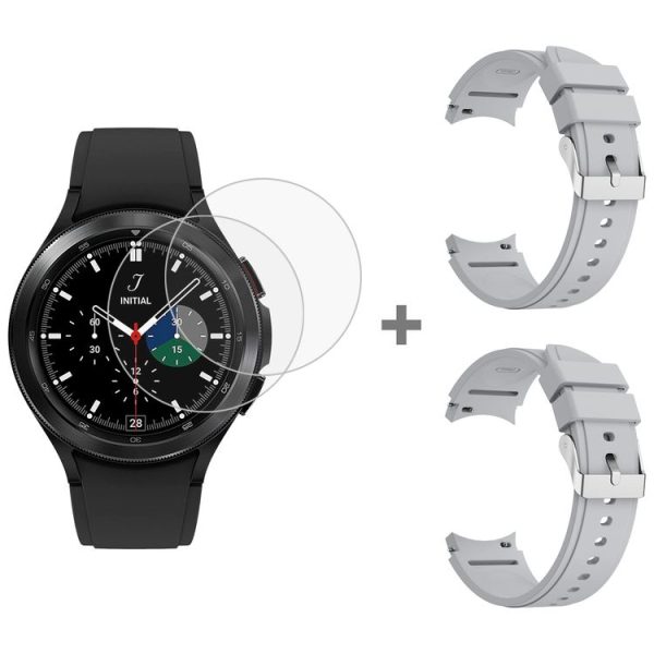 Samsung Galaxy Watch4 Classic 46mm 2pcs Silicone Watch Band with 2pcs Tempered Glass Film (Light Grey)