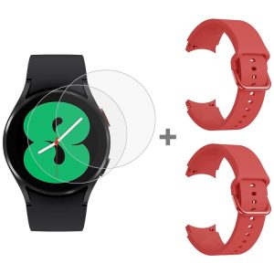 Samsung Galaxy Watch4 40mm 2pcs Silicone Colorful Buckle Watch Band with 2pcs Tempered Glass Film (Red)