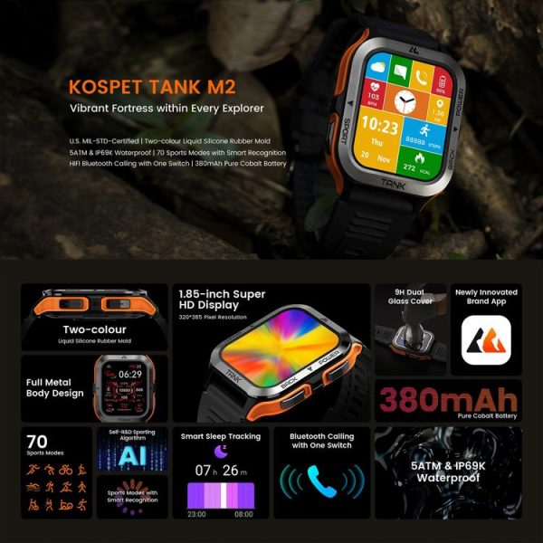 KOSPET TANK M2 1.85 inch IPS Screen Smart Watch, 5ATM & iP69K Outdoor Waterproof Support BT Calling / 70 Sports Modes (Orange) - Image 4