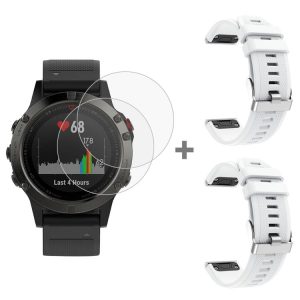 Garmin Fenix 5 2pcs Silicone Watch Band with 2pcs Tempered Glass Film (White)