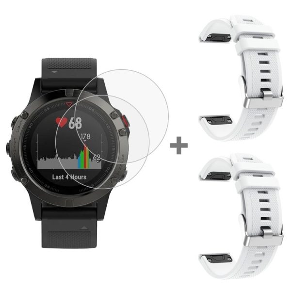 Garmin Fenix 5 2pcs Silicone Watch Band with 2pcs Tempered Glass Film (White)