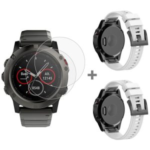 Garmin Fenix 5X 26mm 2pcs Quick Removable Silicone Watch Band with 2pcs Tempered Glass Film (White)
