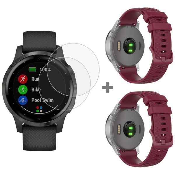 Garmin Vivoactive 4S 2pcs Small Plaid Silicone Watch Band with 2pcs Tempered Glass Film (Wine Red)