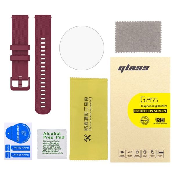Garmin Vivoactive 4S 2pcs Small Plaid Silicone Watch Band with 2pcs Tempered Glass Film (Wine Red) - Image 2