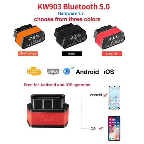 KONNWEI KW903 Bluetooth 5.0 OBD2 Car Fault Diagnostic Scan Tools Support IOS / Android (Black Red) - Image 2