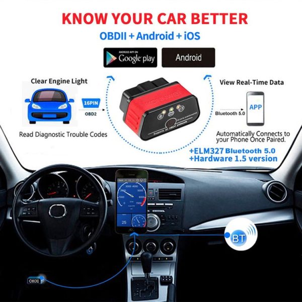 KONNWEI KW903 Bluetooth 5.0 OBD2 Car Fault Diagnostic Scan Tools Support IOS / Android (Black Red) - Image 4
