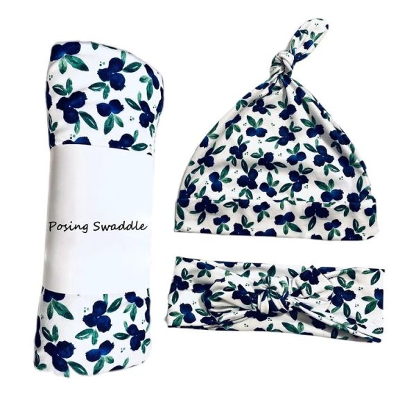 Newborn Baby Three-piece Swaddling Scarf Cap Headband (Flower-5)