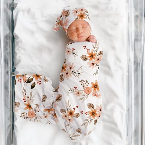 Newborn Baby Three-piece Swaddling Scarf Cap Headband (Flower-5) - Image 3