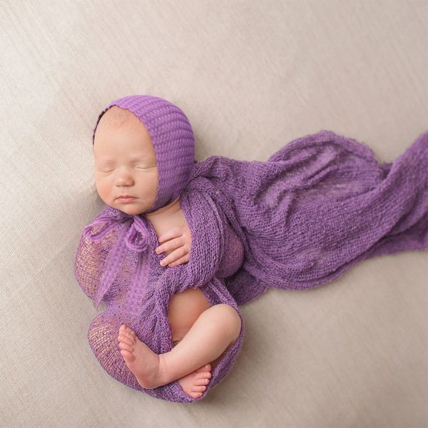 Elastic Fabric Newborn Baby Cute Cap with Strap (Taro Purple) - Image 4