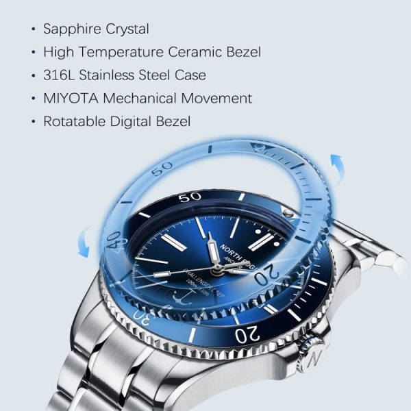 NORTH EDGE ANCHOR Men Outdoor 100m Waterproof Mechanical Watch (Black) - Image 7
