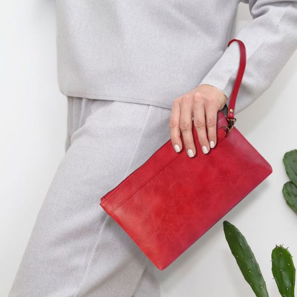 Simple Retro Leather Clutch Zipper Envelope Bag (Red) - Image 6