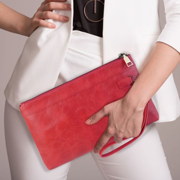 Simple Retro Leather Clutch Zipper Envelope Bag (Red) - Image 7