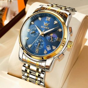 OLEVS 2858 Men Multifunctional Business Waterproof Quartz Watch (Blue + Gold)