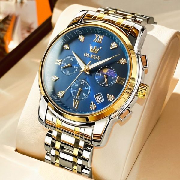 OLEVS 2858 Men Multifunctional Business Waterproof Quartz Watch (Blue + Gold)